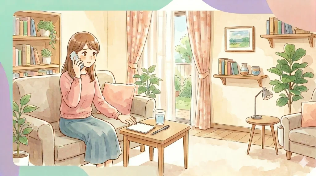 電話でアフターピル(緊急避妊薬)の相談をしている様子